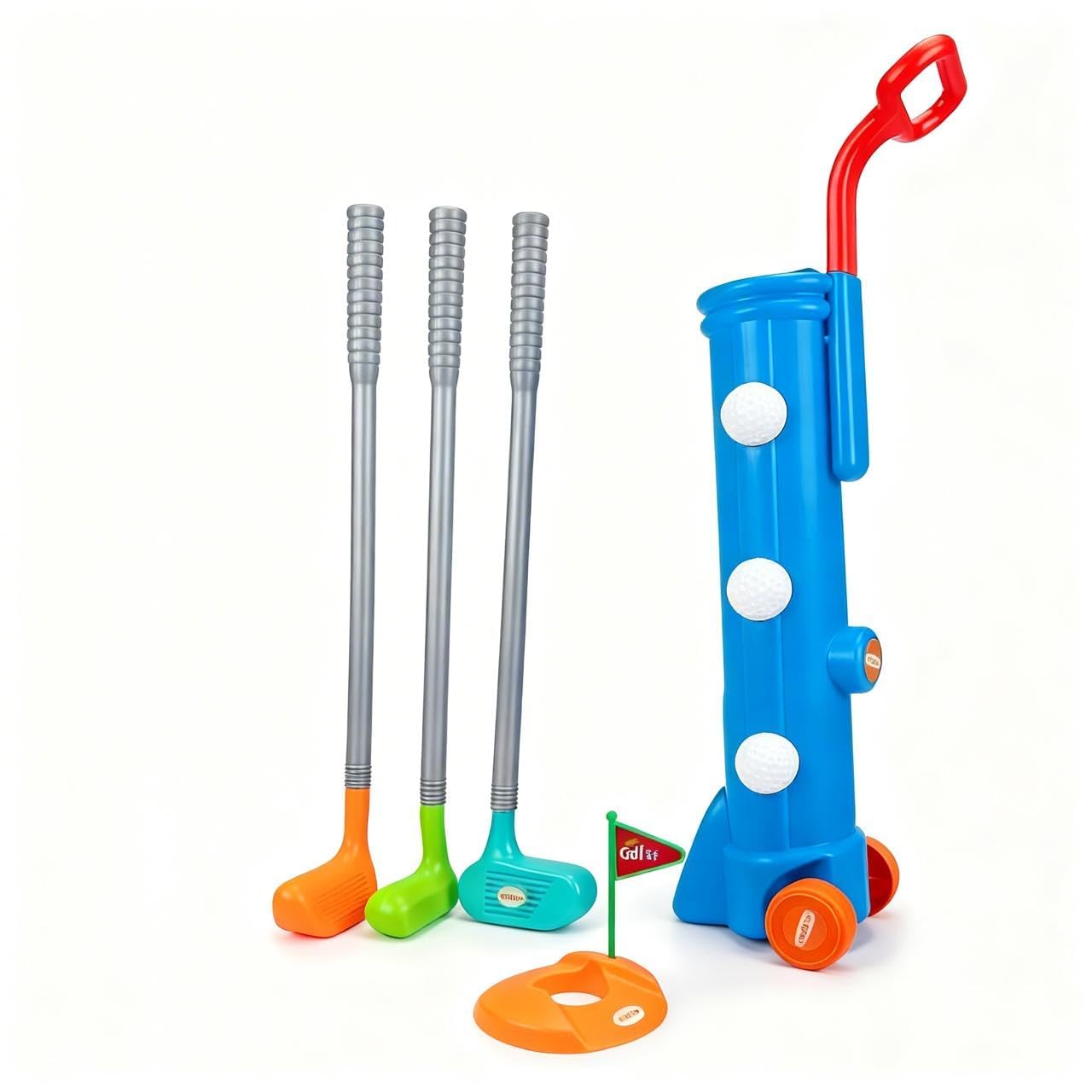 Golf Trolley for Kids – Portable Golf Accessories Kit with 1 Trolley case, 3 Golf Sticks, 3 Balls, Platform Cup & Flag for 3+ Years Kids, Children, Boys, Girls, Sports Outdoor Game for Kids