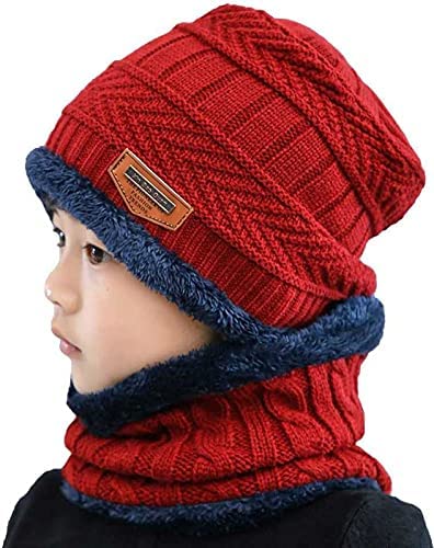 Kids Warm Winter Beanie Hat & Scarf Set for Boys Girls. Stylish Knit Skull Cap with Fleece Lining, Cold Snow Knit Cap, Air Proof Cap, Ear Warmer Cap, for 5-14 Years Old
