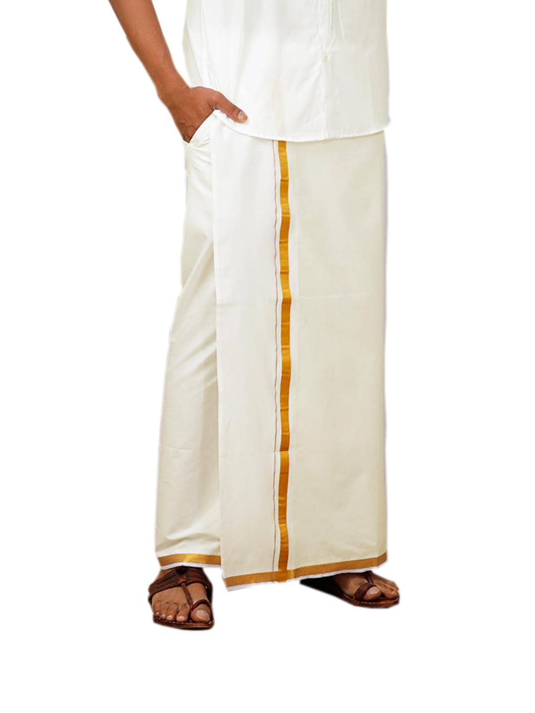 Ramraj Cotton Men Cotton Blend Readymade White & Cream Dhoti With Gold Jari Border Genxt| Single Layer