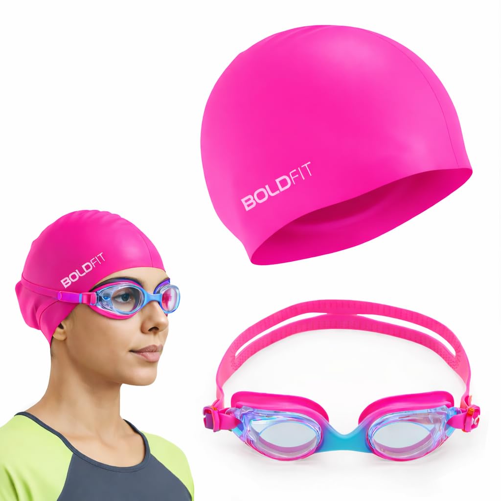 Boldfit Swimming Cap & Goggles Set for Men & Women – Silicone Cap & Anti-Fog Goggles – Roseo Blue – Swimming Safety Set