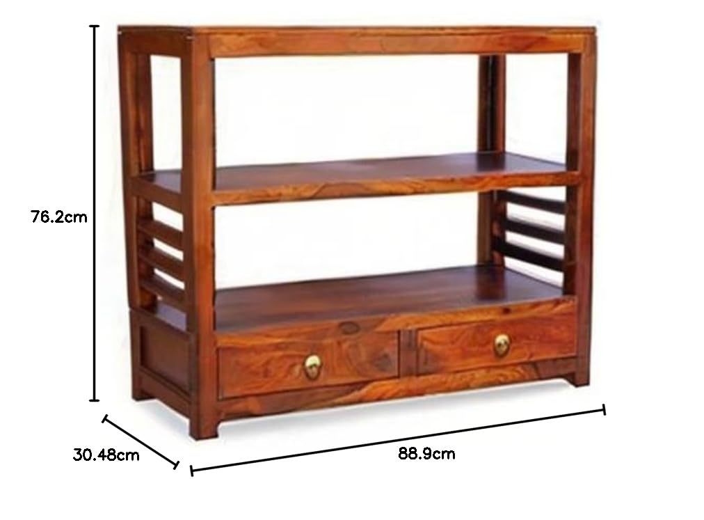 Wooden Bookshelf Console Table for Living Room | Entryway Hallway Sofa & Fish Tank Table with 2 Drawers & Shelf Storage | Solid Sheesham Wood | Honey Brown