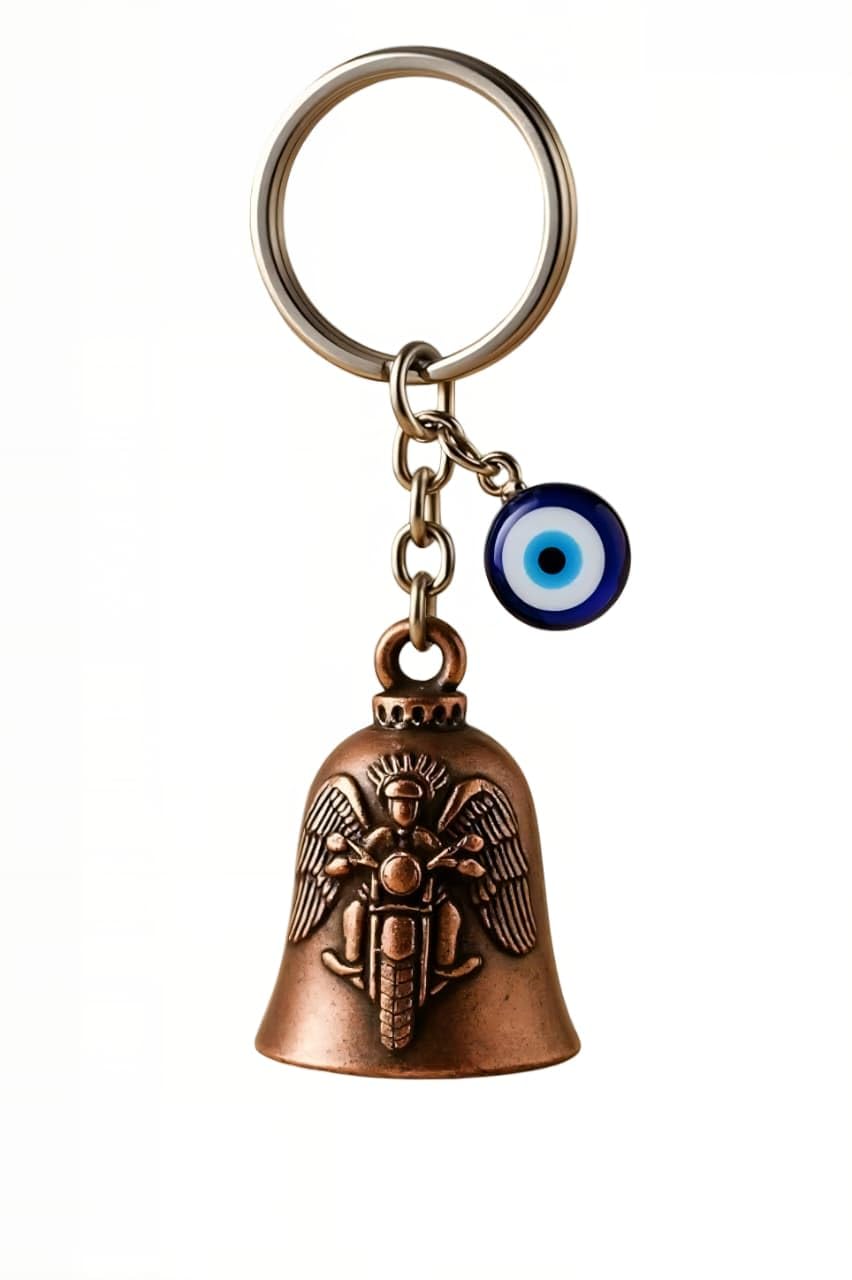 Bronze Biker Guardian Bell with Evil Eye Charm – Biker Luck with Safety Message Keyring – Gift for Husband, Boyfriend, Dad, Brother – Birthday, Rakhi