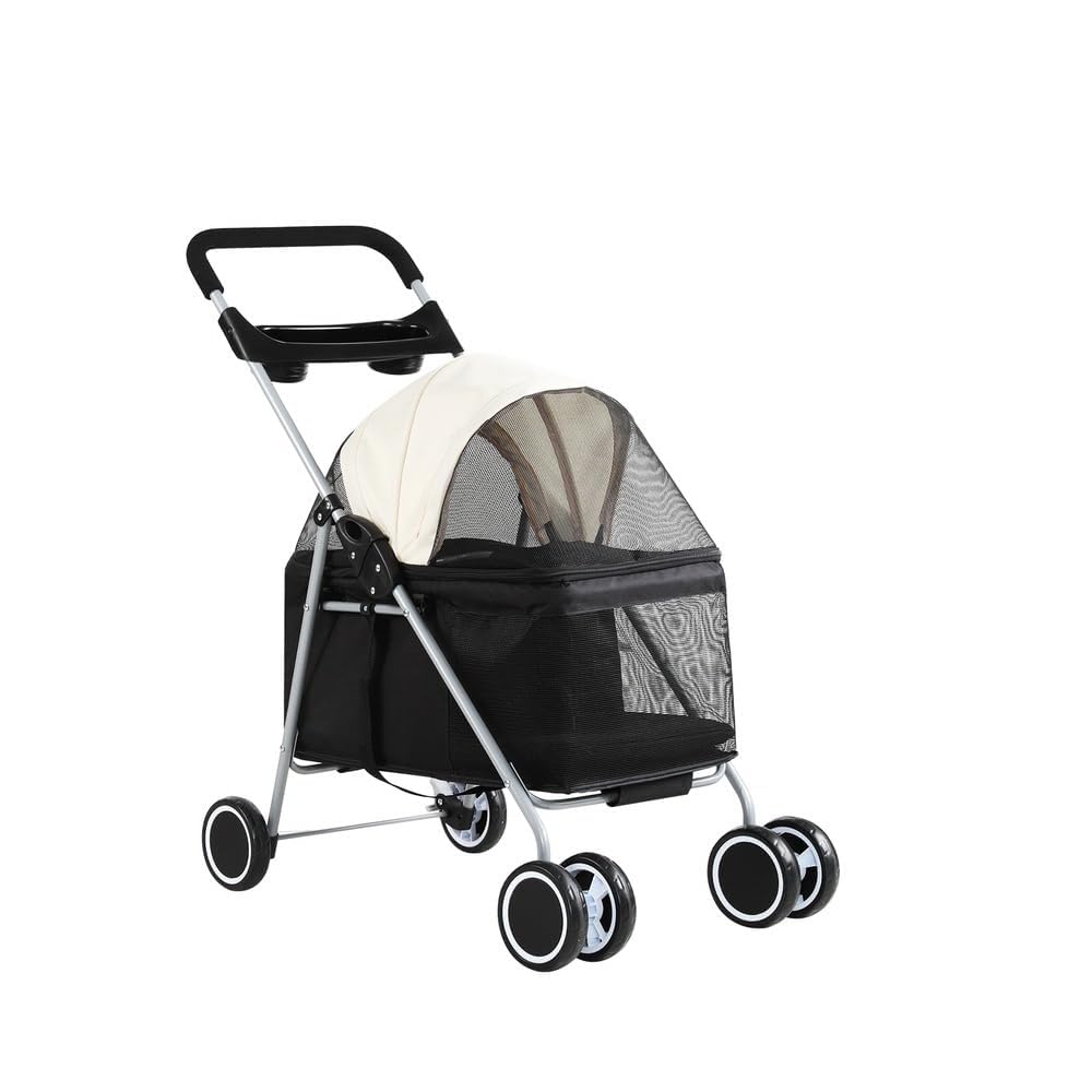 Cature 4-Wheel Pet Stroller for Small and Medium-Sized Dogs and Cats | Foldable Waterproof Pet Travel Carrier with Cup Holder, Removable Liner and Storage Basket | Portable Dog and Cat Stroller