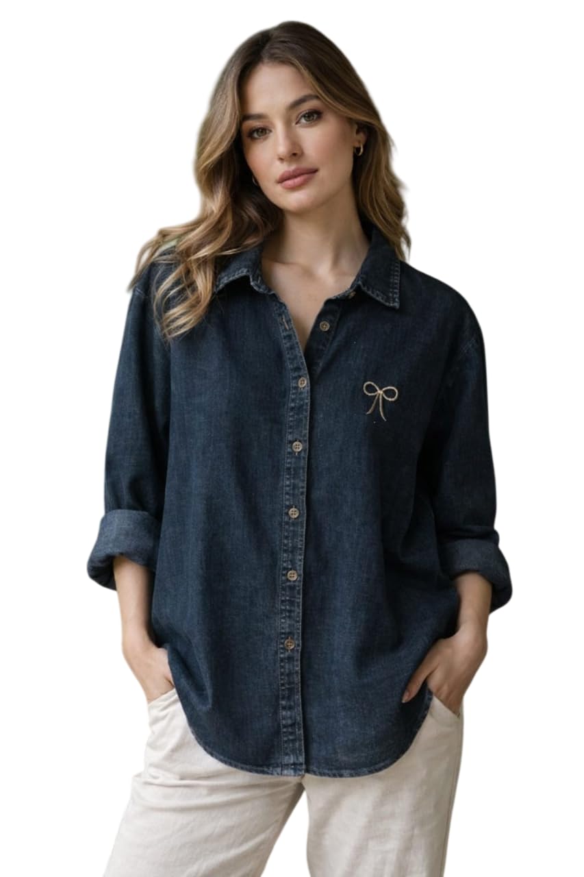 Women’s Effortless Denim Charm: Classic Button-Down Shirt with Minimal Bow Detail, Relaxed Fit for Everyday Casual Elegance and Timeless Style