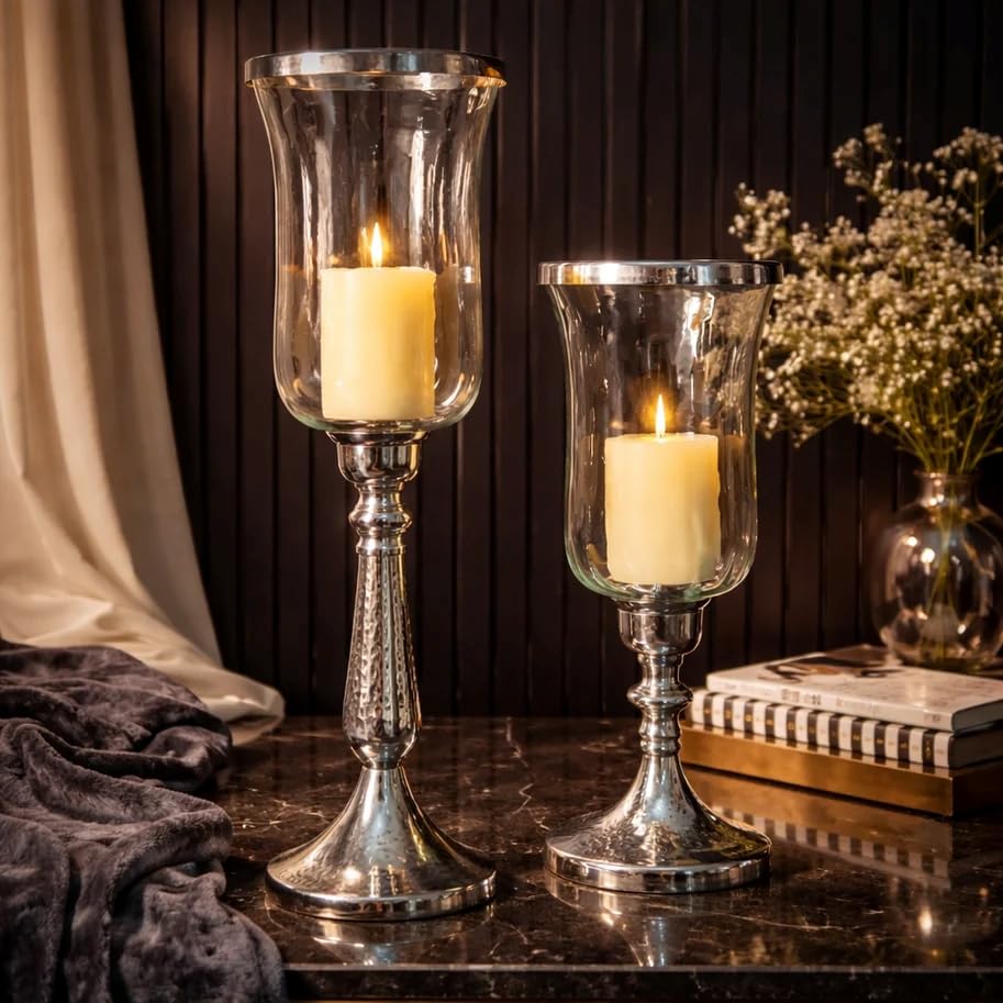 Luxury Glass Hurricane Candle Holder with Silver Metal Stand | Decorative Tall Pillar Candle Lantern for Living Room, Dining Table, Wedding, Centerpiece, Home Decor | Silver Finish (Large)