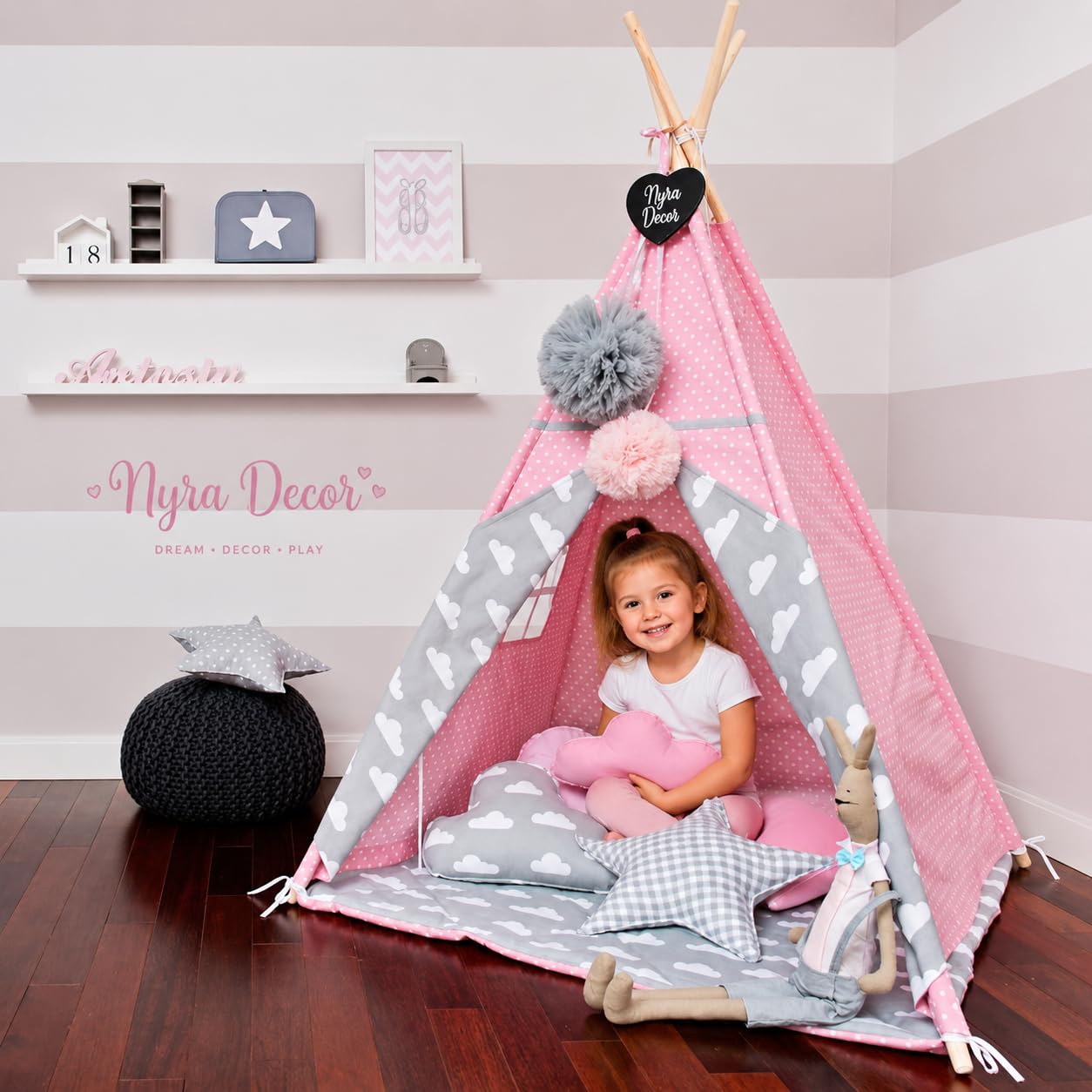 Nyra Decor Portable Teepee Tents with Padded Mat and Cushions Free Kit Bag for 2-14 Year Old Kid Pink Polka