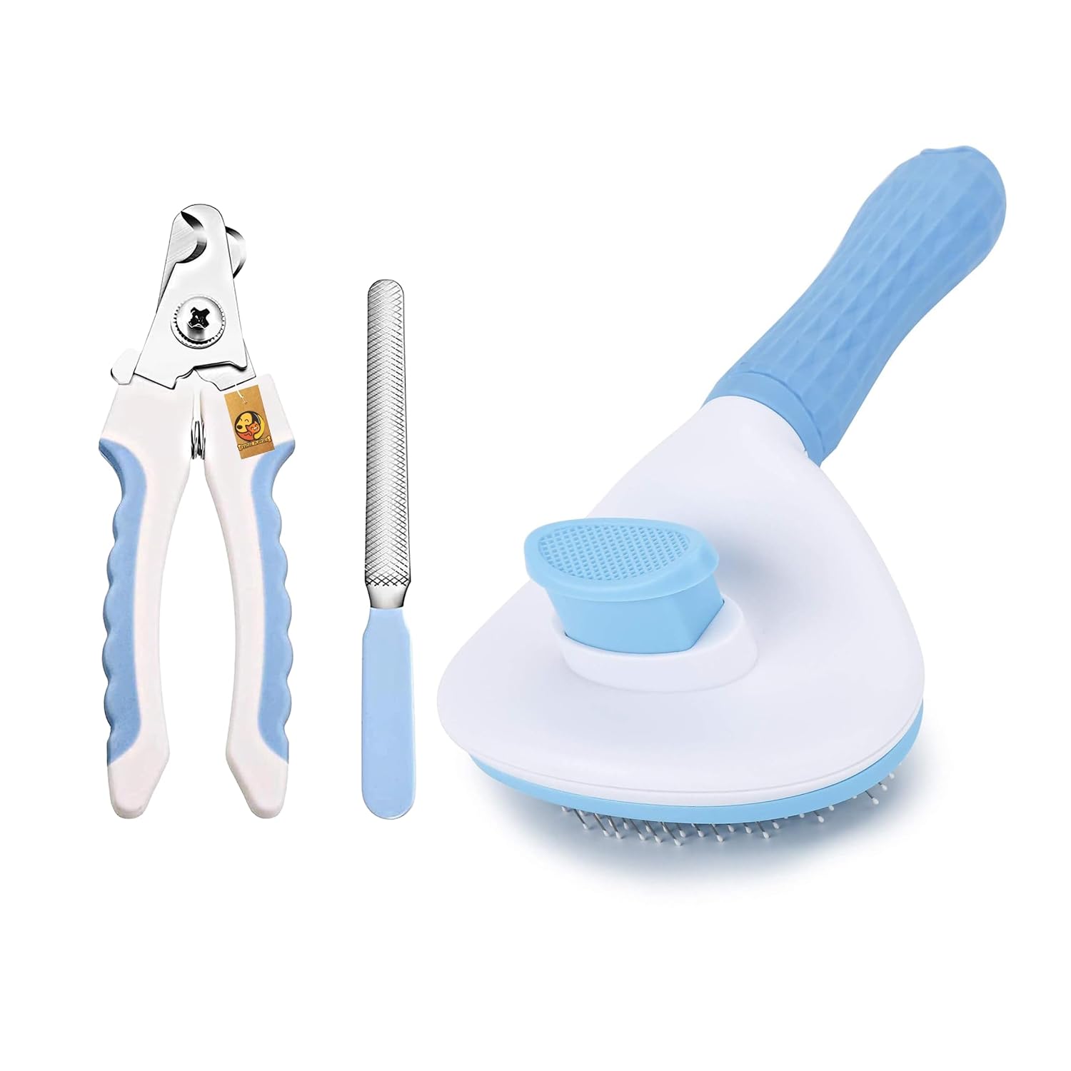 Foodie Puppies Pet Grooming and Cleaning Slicker Brush and Nail Cutter with Filer for Dogs and Cats – (Nail Clipper + Oval Push Slicker) | Gentle Trimmer, Self Clean Brush, Shedding, and Lockable Tool