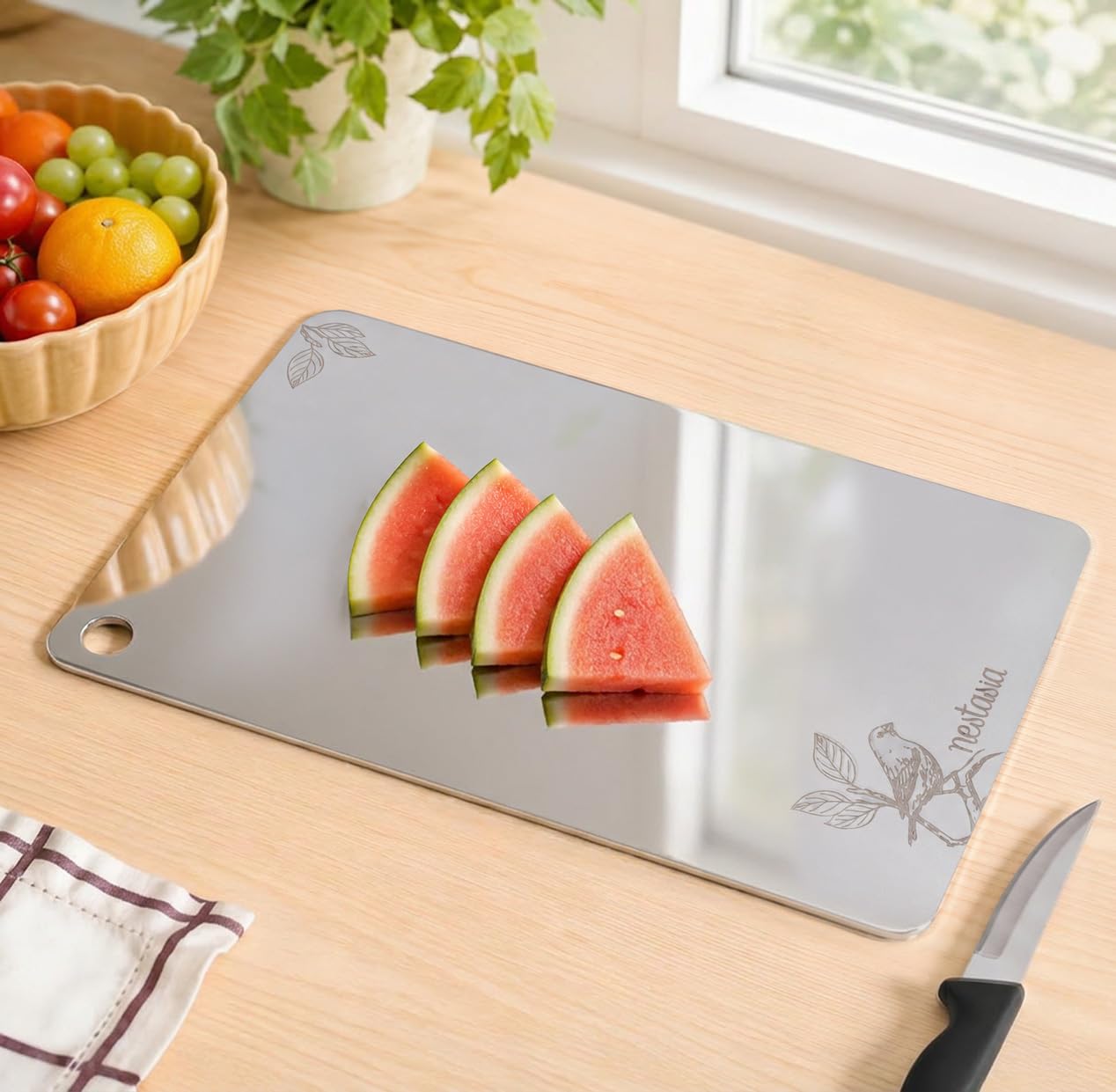 Nestasia Stainless Steel Chopping Board for Kitchen (35cm x 25cm) – Bird Motif Engraved Steel Cutting Board for Chopping Fruits & Vegetables | Anti-Skid, 100% Food Safe & Rust Resistant