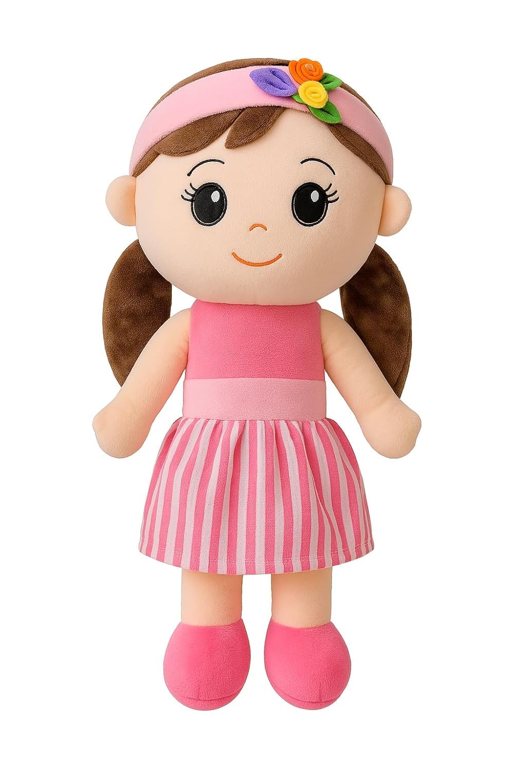 Cute Soft Doll Plush Hugging Doll for Girls – Pink Dress Stuffed Toy with Colorful Headband – Cute Huggable Gift for Kids, 35cm (Pink)