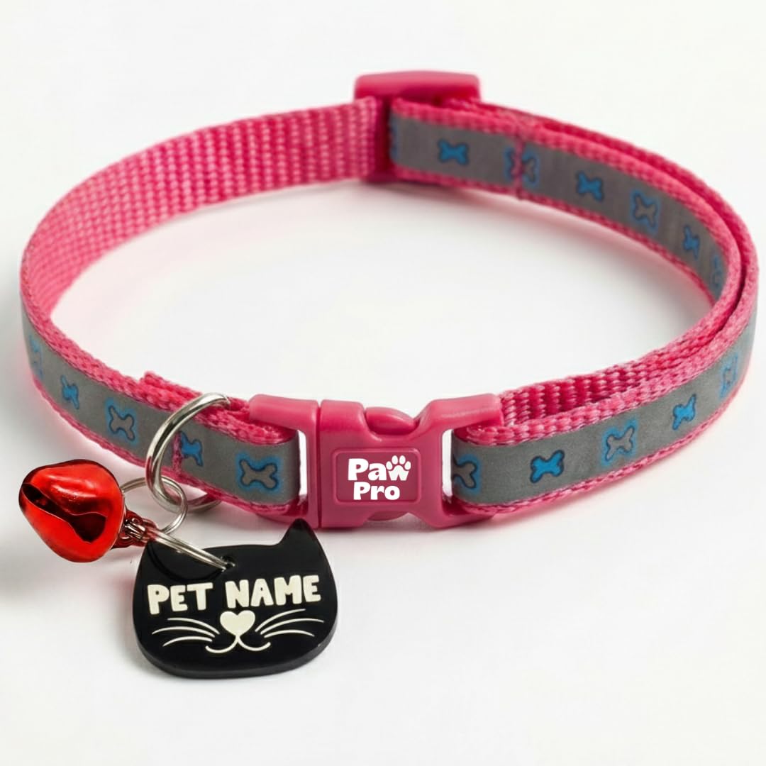 PAWPRO HANDMADE Reflective Cat Collar with Custom ID Tag – Adjustable Collar with Bell for Cats & Small Dogs – Personalized Name Tag (Cotton Candy)
