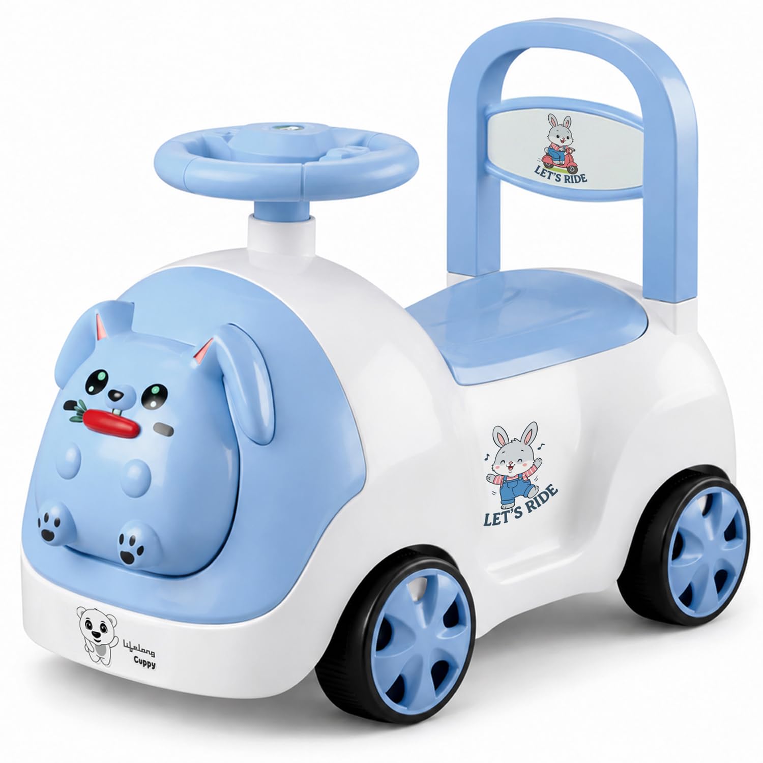 Lifelong Bunny Manual Push Ride-On Toy Car with Back Support for Boys & Girls 1-4 Yrs, Distraction-Free, Non-Musical, Easy Installation, 50kg Capacity, Steering Wheel, Storage (LLCBBR03)