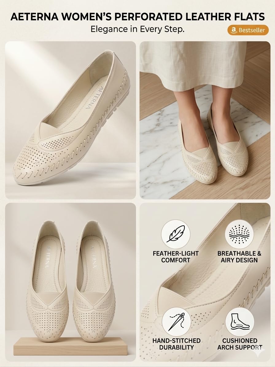 Duosoft Comfort Walk Women’s Perforated Leather Flats, Tan, Hand-Stitched, Breathable & Lightweight, Cushioned Insole, Flexible Sole