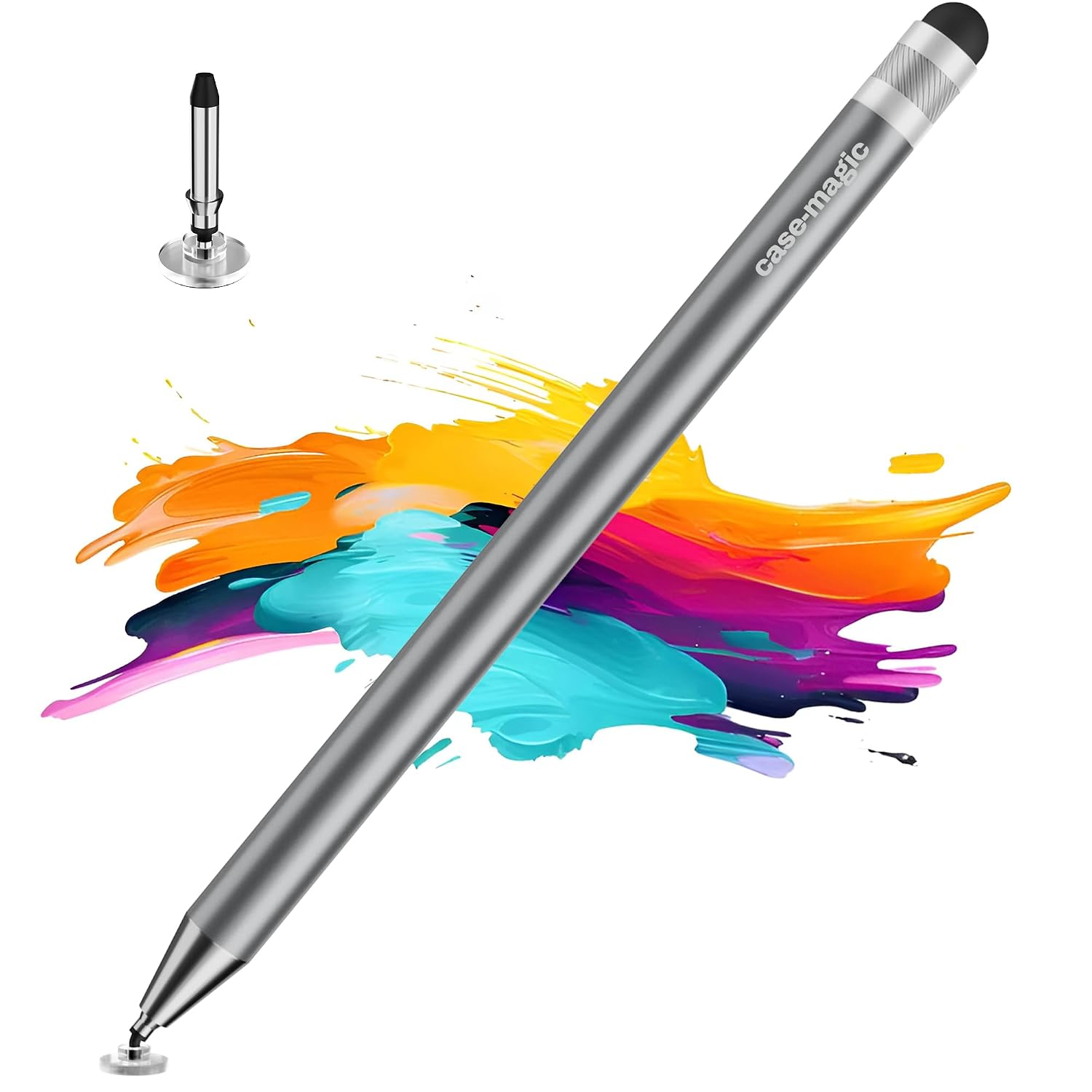 Case-Magic Stylus Pen for Apple iPad & Android Tablets, 2-in-1 Universal Touch Pen, Fine Point Disc Tip + Soft Rubber Tip, No Charging Required, iOS/Windows, All Touch Screens, Aluminum Body, Grey