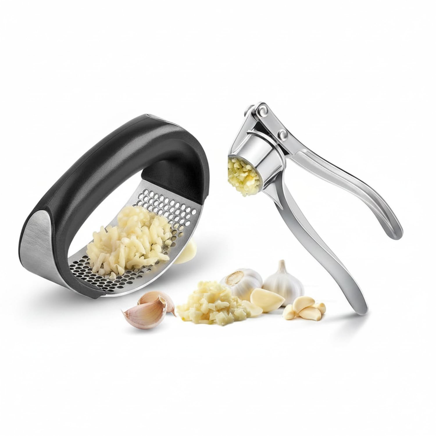 Garlic Press & Ginger Crusher Combo, Stainless Steel Garlic Mincer & Ginger Masher, Heavy Duty Manual Squeezer, No Peeling Required, Easy Press Kitchen Tool – (Garlic Curved + Silver)