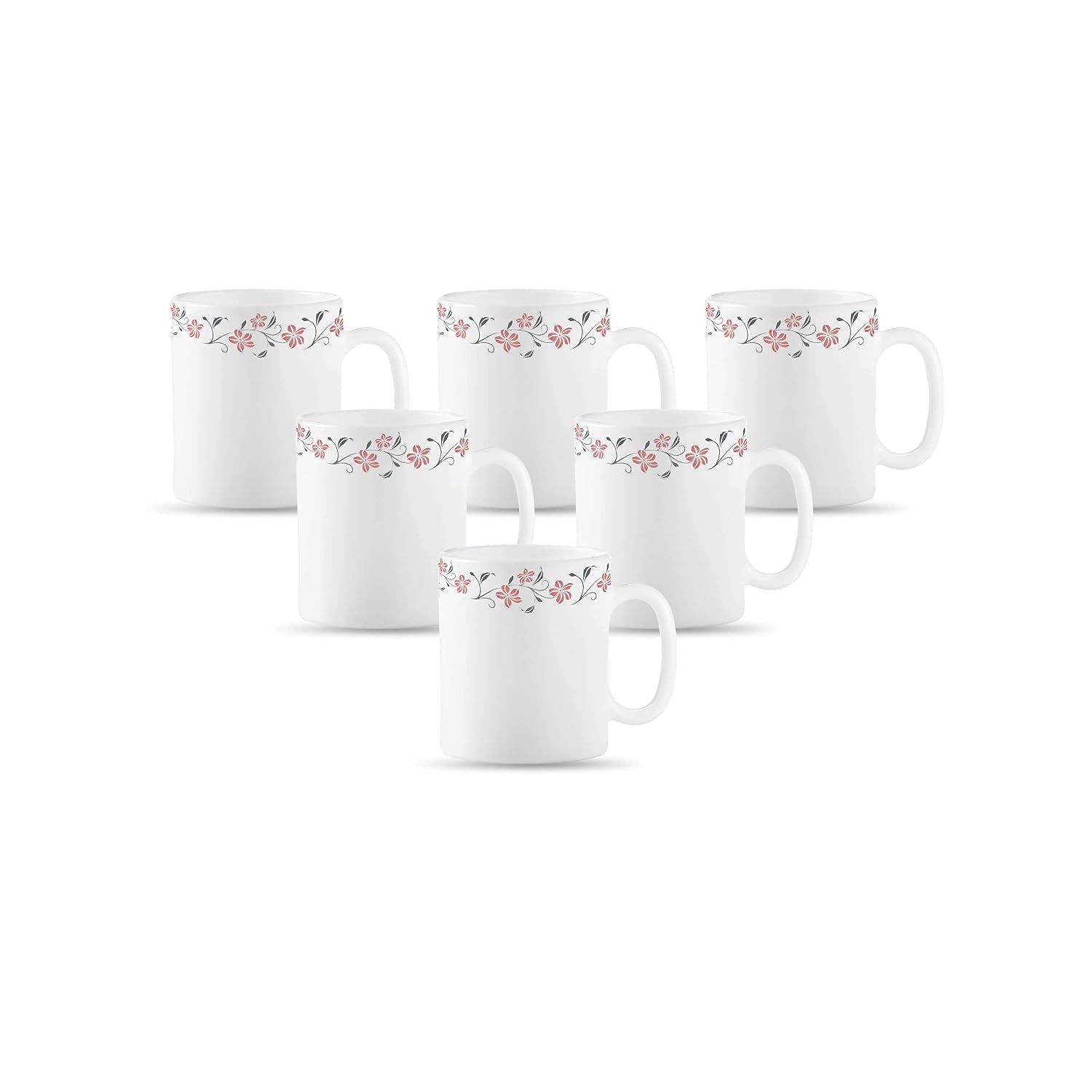 La Opala Diva, Opal Glass Coffee Mug Set Cylinder Regular 6 Pcs, Grace Red, White, Standard – 180 Ml