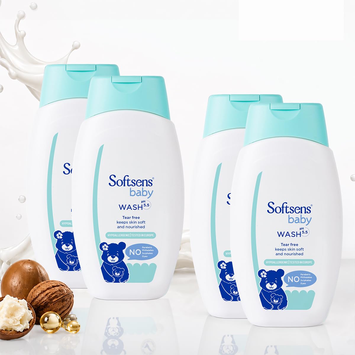 Softsens Baby Tear-Free Body Wash 200ml each (Pack of 4 x 200ml) | pH 5.5 | Gentle Cleansing & Hydration with Milk Cream & Shea Butter | Dermatologically Tested, Hypoallergenic & Paraben-Free