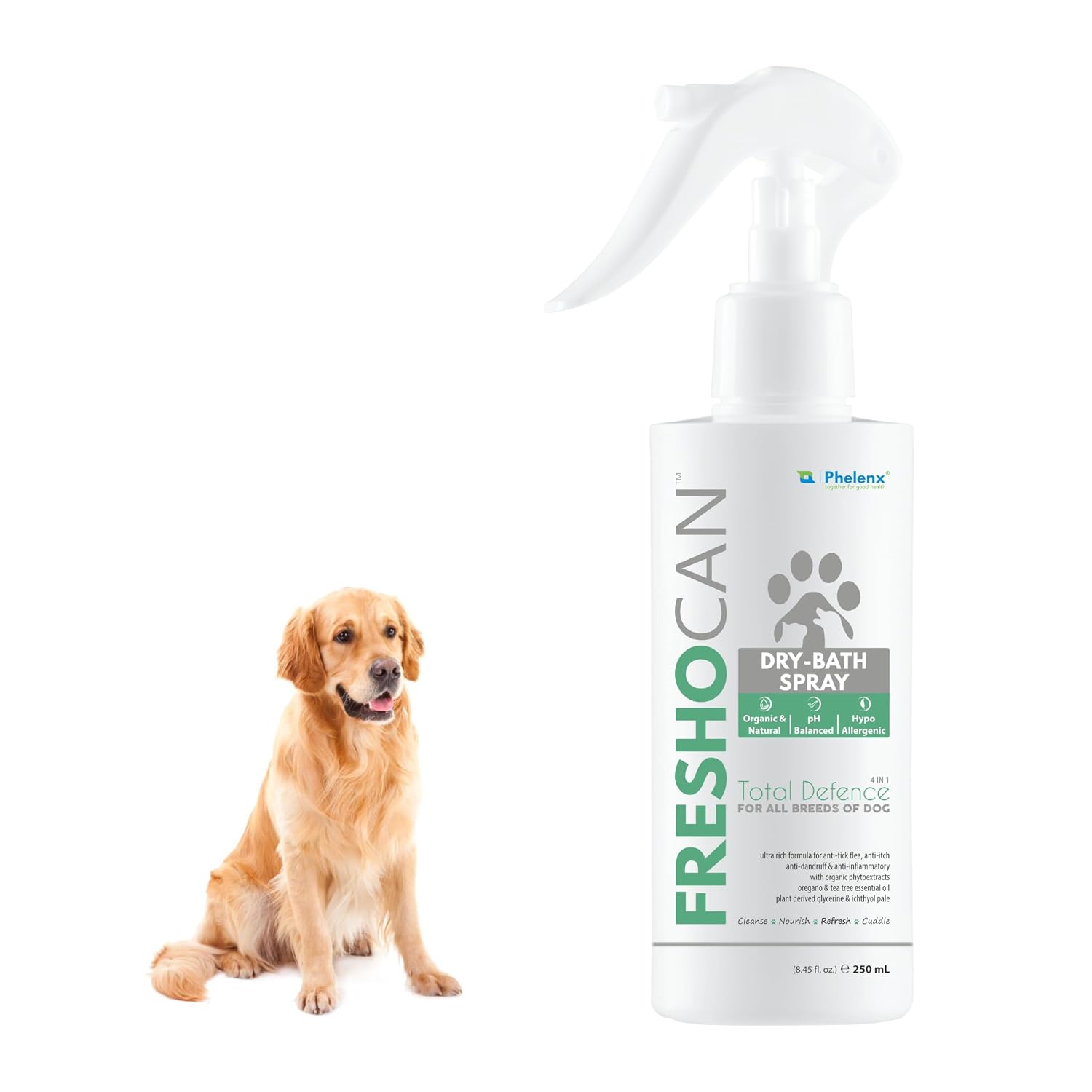 Freshocan – 4 in 1 Total Defence Dry Bath Shampoo for Dogs | 250 mL (Tick & Flea Control, Anti-Itch, Anti-Dandruff, Anti-Inflammatory)