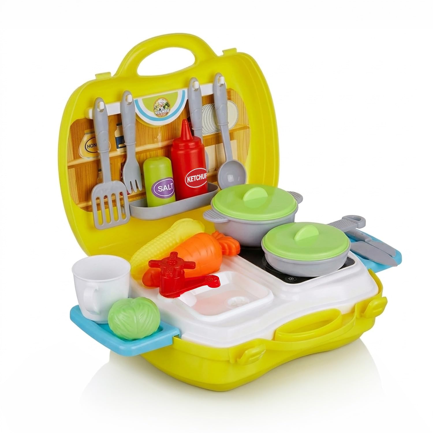 Amazon Brand – Jam & Honey Suitcase Kitchen Set Toy for Kids 2+ Years, BIS Certified Safe for Kids, Portable Pretend Play Cooking Set with Accessories, Role Play Toy for Girls & Boys, Multicolour
