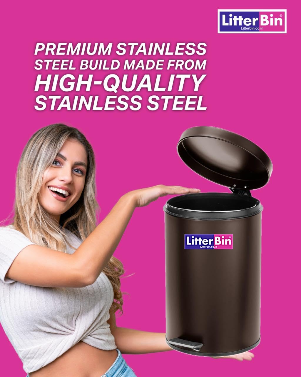 LITTERBIN Stainless Steel Pedal Dustbin with Lid | Small Compact Space Saver SS Trash Can for Office, Home, Kitchen, Room, washroom, bathroom (Black_5 Liter)