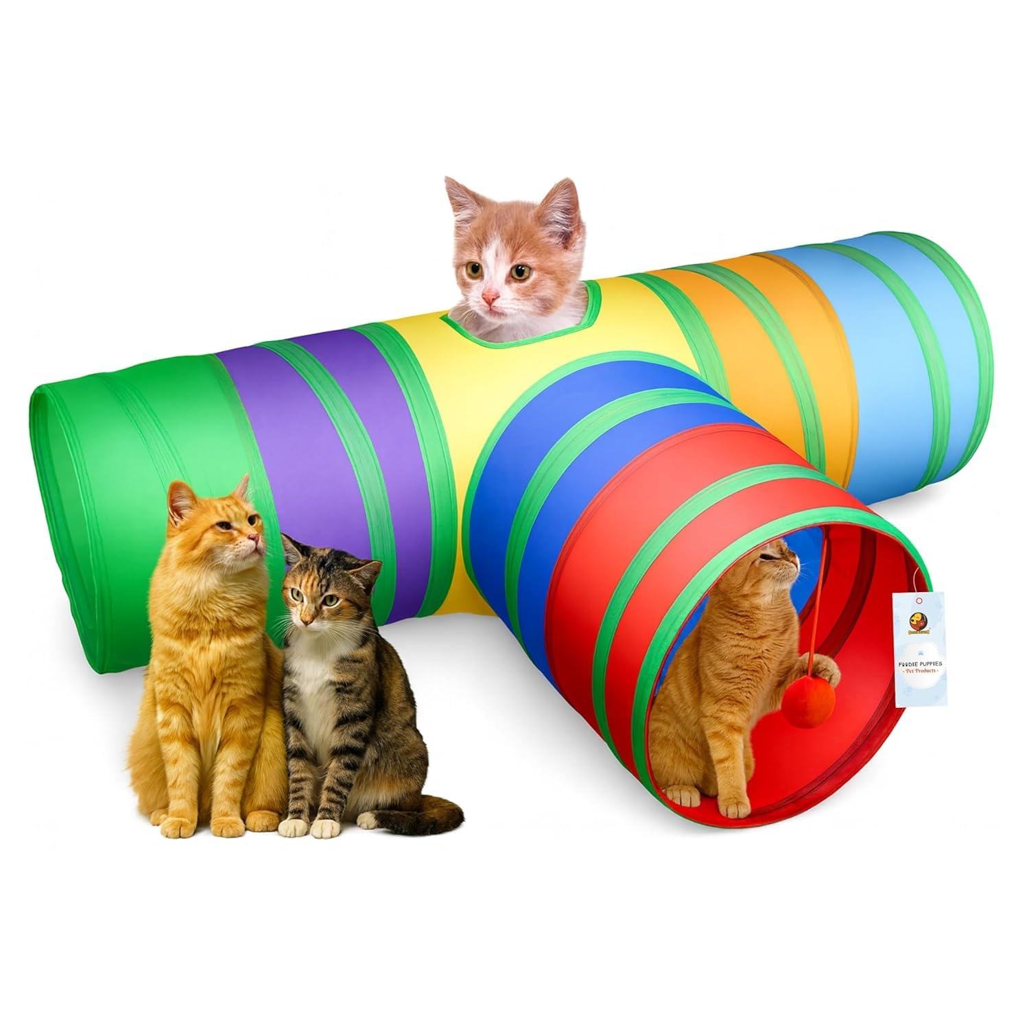 Foodie Puppies 3 Way Rainbow Cat Tunnel Toy – Foldable Interactive Pet Play Tunnel with Hanging Ball for Cats, Kittens, Rabbits, and Guinea Pigs | Indoor/Outdoor Puzzle Exercising Hiding Training Toy