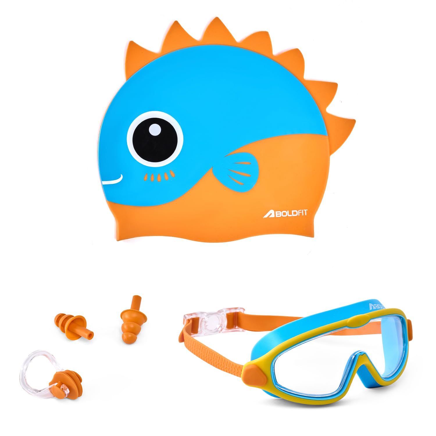 Boldfit Dino Theme Kids Swimming Set, 5-in-1 Combo with Silicone Swim Cap, Anti-Fog Adjustable Goggles, Earplugs & Nose Clip, Leak-Proof, Comfortable & Durable Swim Kit for Boys & Girls