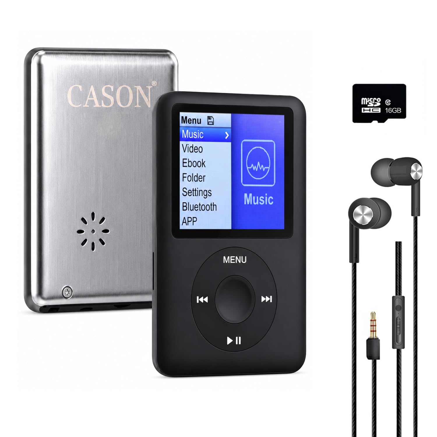 Cason 16GB Mini MP3 Music Player with Bluetooth & Voice Control Earphones, Video Playback,Pocket-Sized MP3 Player for Music,Voice Recording,FM Radio,E-Book Reader -Expanded Up to 128GB (Black)