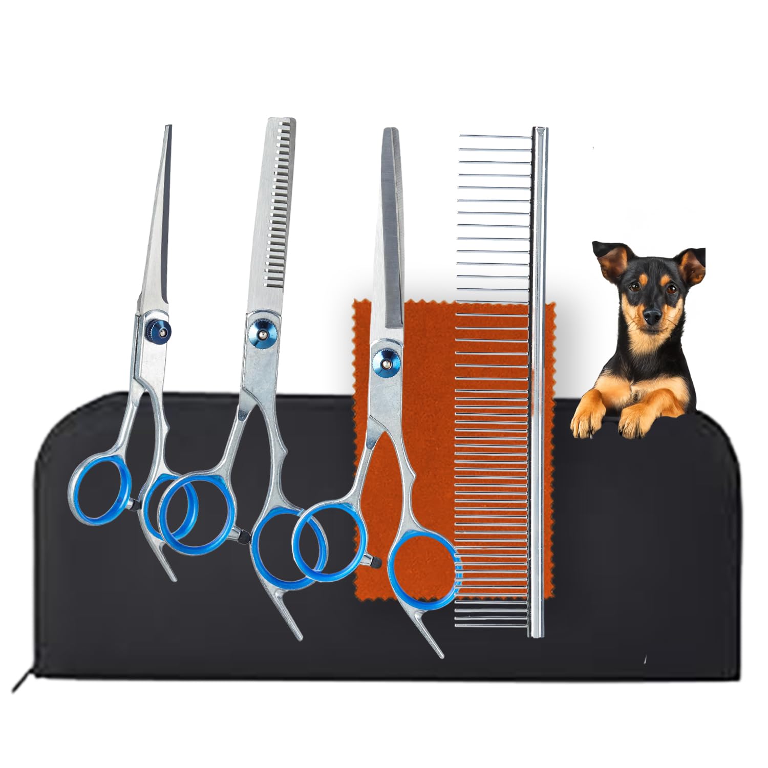 Amazon Basics Dog & Cat Grooming Kit – 4-Piece Stainless Steel Set with Thinning Shear, Trimming Scissors, Curved Scissors & Grooming Comb – All-in-One Pet Grooming Set