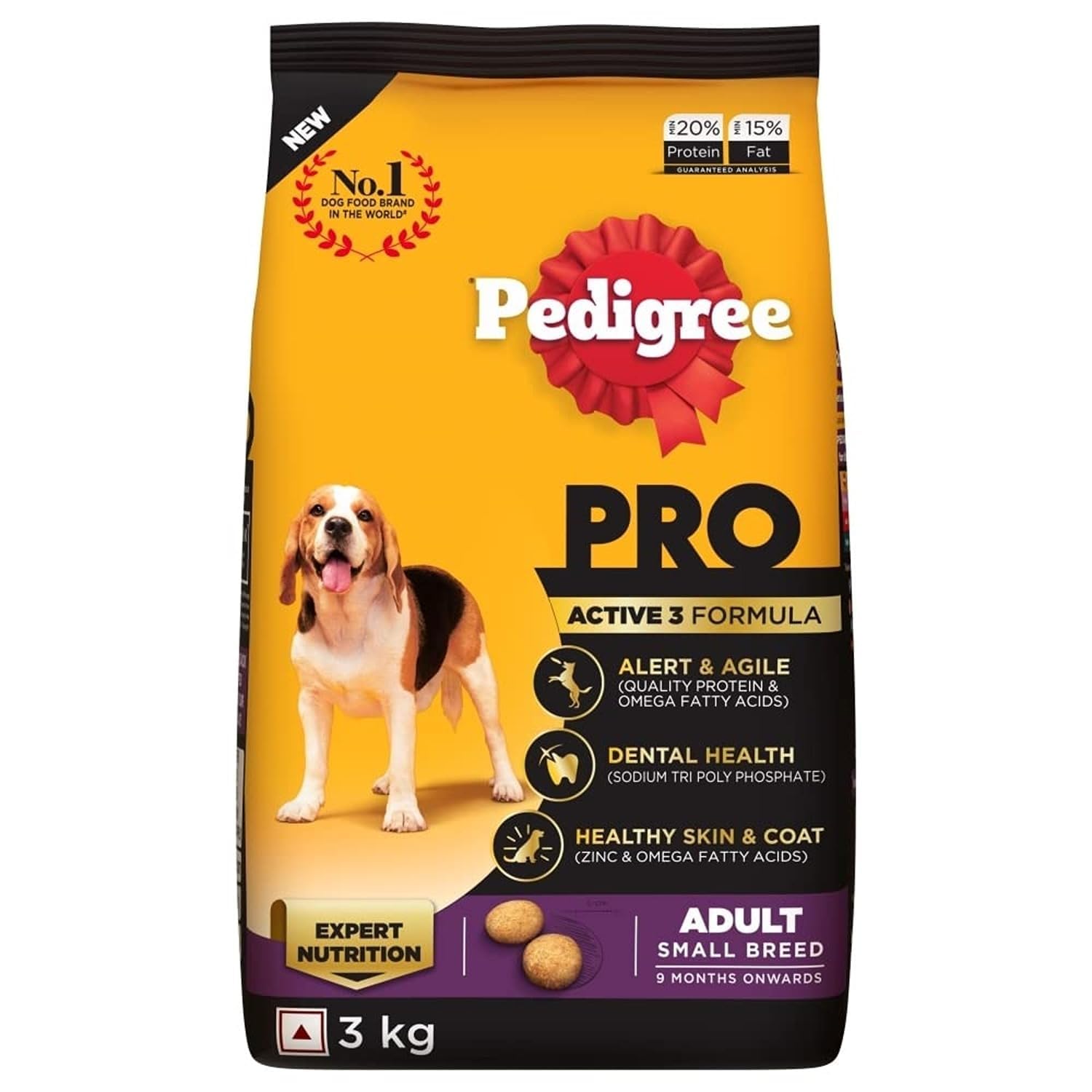 Pedigree PRO Adult Small Breed, 3 kg Dry Dog Food, Vet Trusted Brand, Expert Nutrition, Quality Protein, 33% More Nutrients (9 Months Onwards)