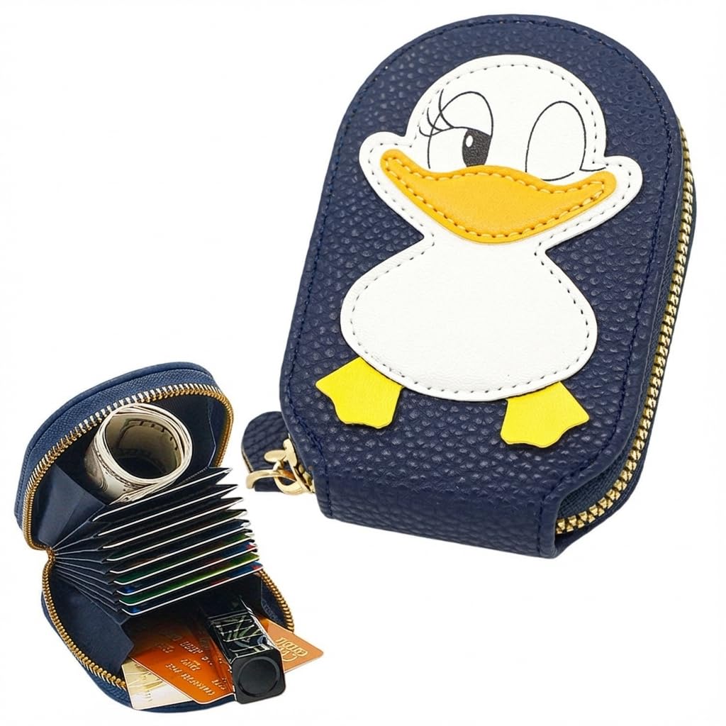 FunBlast Cute Duck Card Holder – 13 Compartment Mini PU Leather Wallet for Kids & Women, Compact Zipper Pouch for Cards & Cash, Small Travel-Friendly Purse (NavyBlue)
