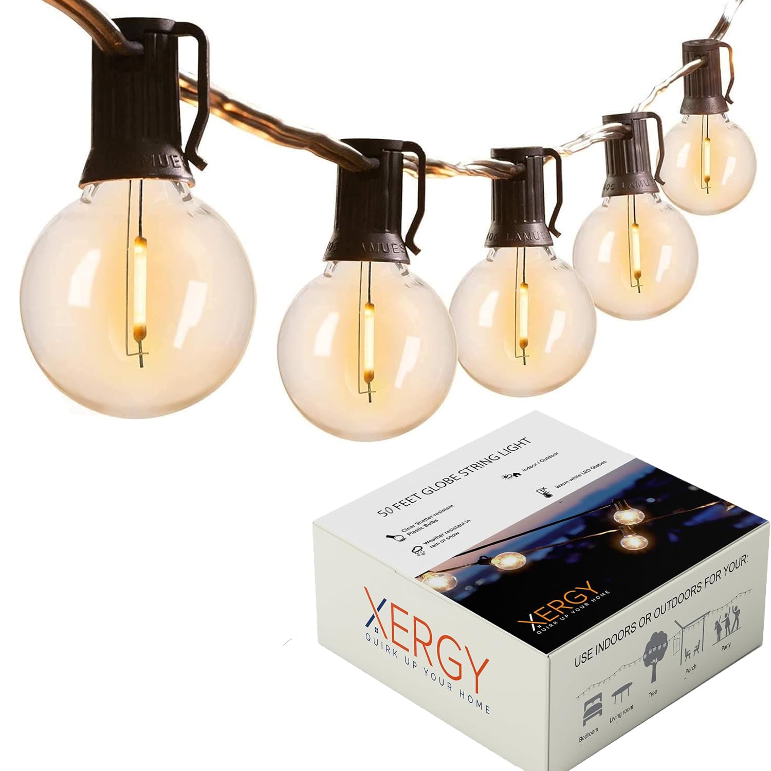 XERGY Outdoor String Lights 50 Feet G40 Globe LED Lights with 52 Edison LED Break Proof Bulbs + 2 Extra, Light for Backyard Terrace Garden Balcony Party Decor Diwali Lights for Home Decoration