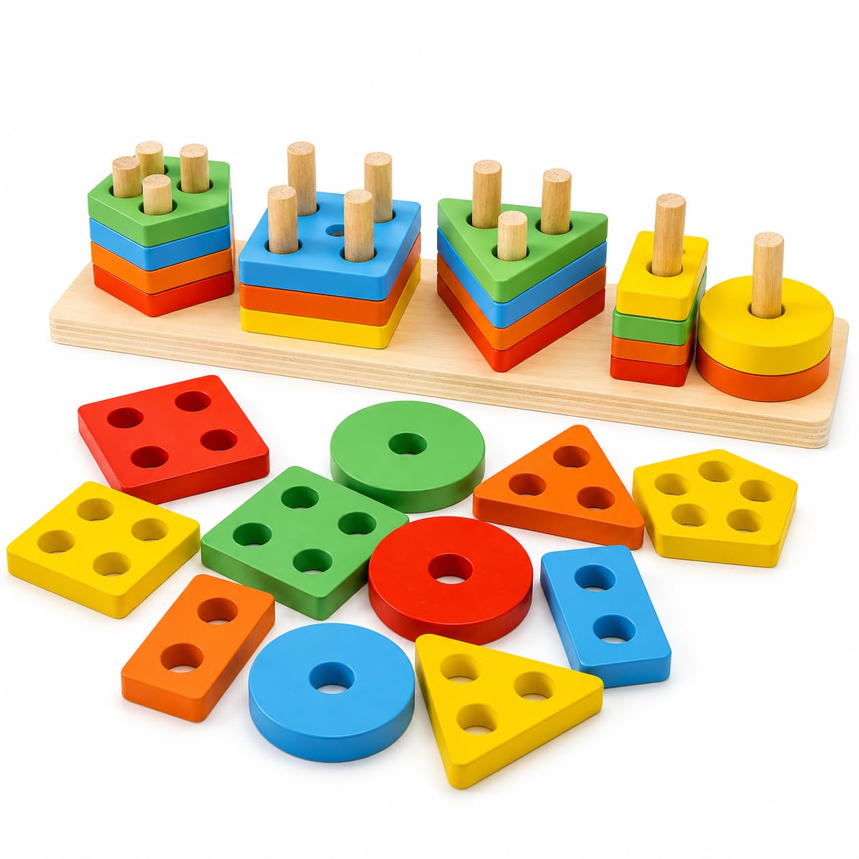 Toyshine Kids Wooden Angle Geometric Blocks Stacker Shape Sorter Column Puzzle Stacking Set – 5 Columns