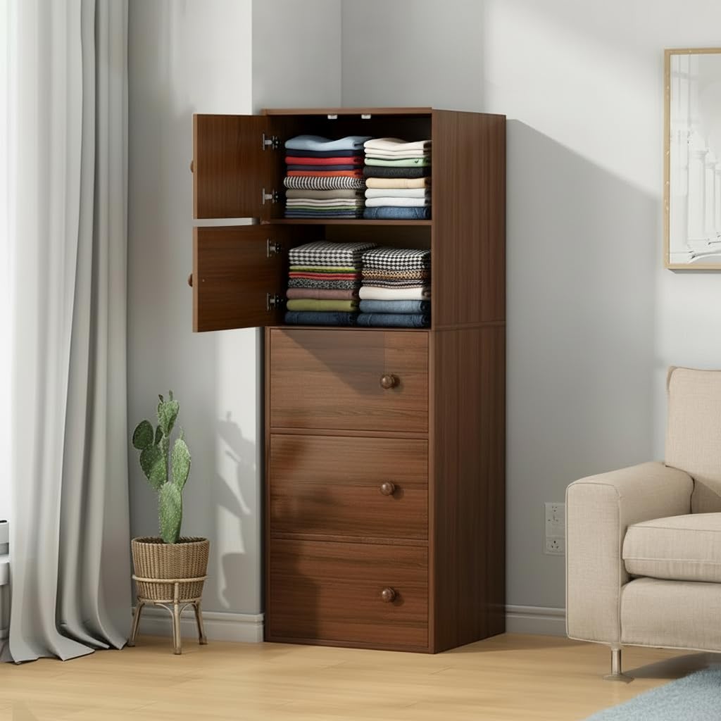 EXVITO Premium Wooden Collapsible Wardrobe with 6 Doors & 6 Spacious Shelves | Modern Foldable Almirah for Clothes, Blankets & Storage – Sun Protection with Anti-Slip Handle (Maple, 5-Door)