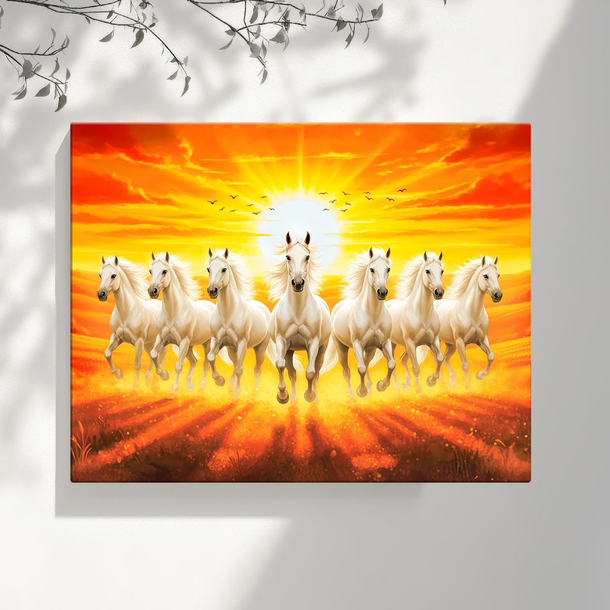 ArtX Canvas 7 Horses Painting Vastu Frame Wall Art Painting, Seven White Running Horses With Rising Sun, Wall Decor, Multicolor, Nature, 58.0 X 45.0 cm, Set of 1