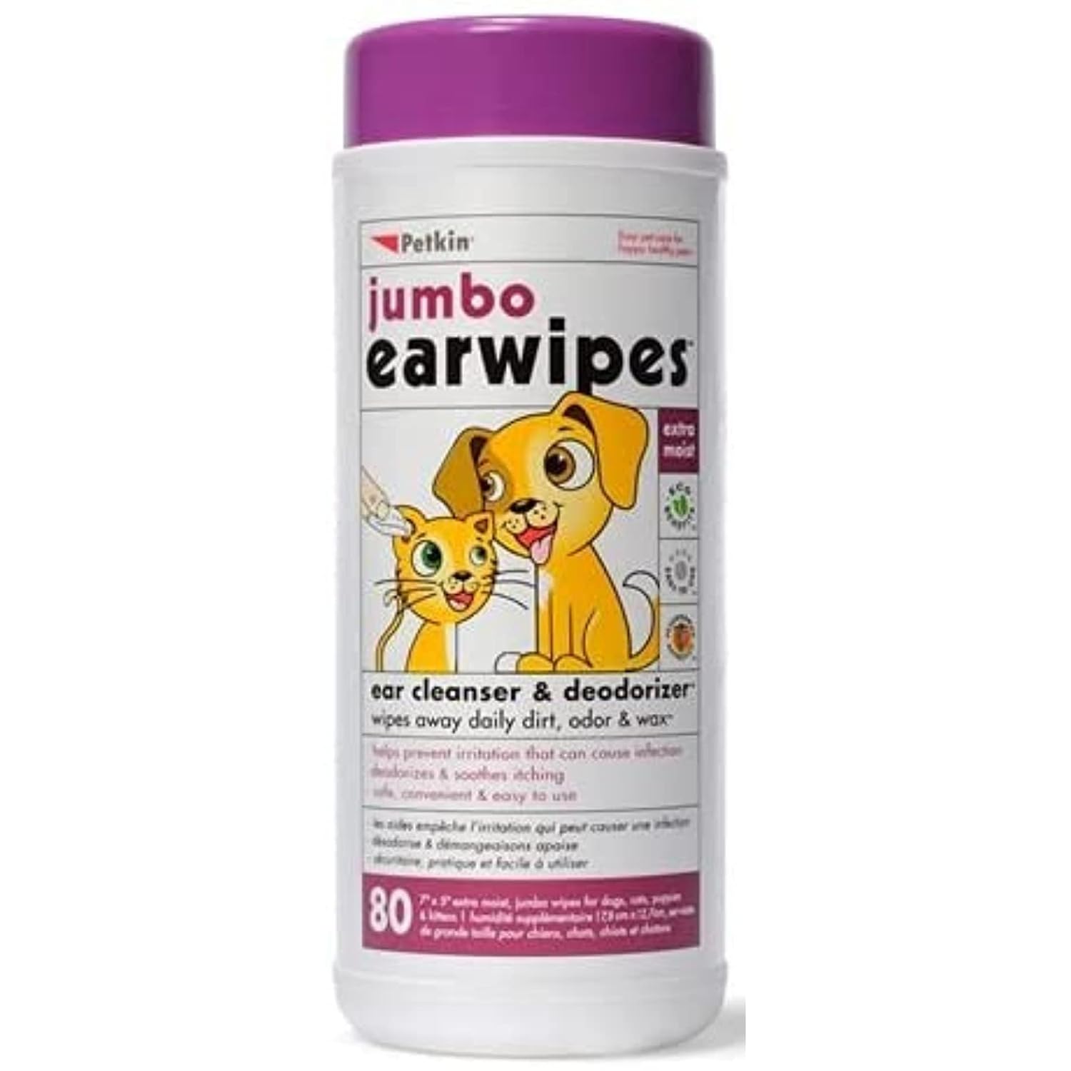 Petkin Jumbo Earwipes for Dogs and Cats, Wipes Away Daily Dirt and Odor, Cleans Ears, Remove Dirt, Odor and Wax, Super Convenient, Ideal for Home or Travel 80 Petwipes