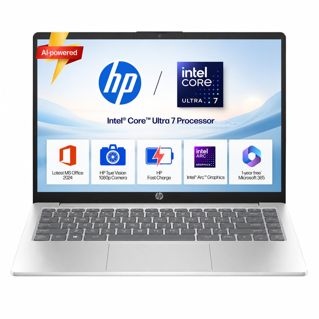 HP 14 Laptop, Intel Core Ultra 7 155H (16GB DDR5, 512GB SSD) FHD, Anti-Glare, Micro-Edge, 14”/35.6cm, Win11, M365 Basic(1yr)* Office24, Silver, 1.4kg, EP1151TU, Backlit, HD Camera w/Shutter