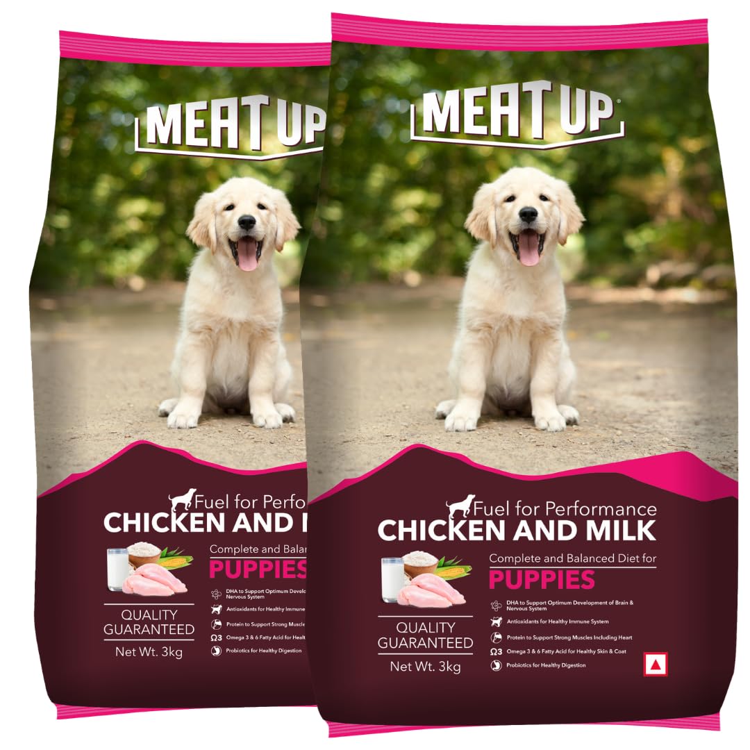 Meat Up Puppy Dry Dog Food 6kg (3kg + 3kg Free) | Chicken & Milk Flavour | Supports Brain & Nervous System Development | Maintains Digestive Health | Enriched with Vitamins & Minerals
