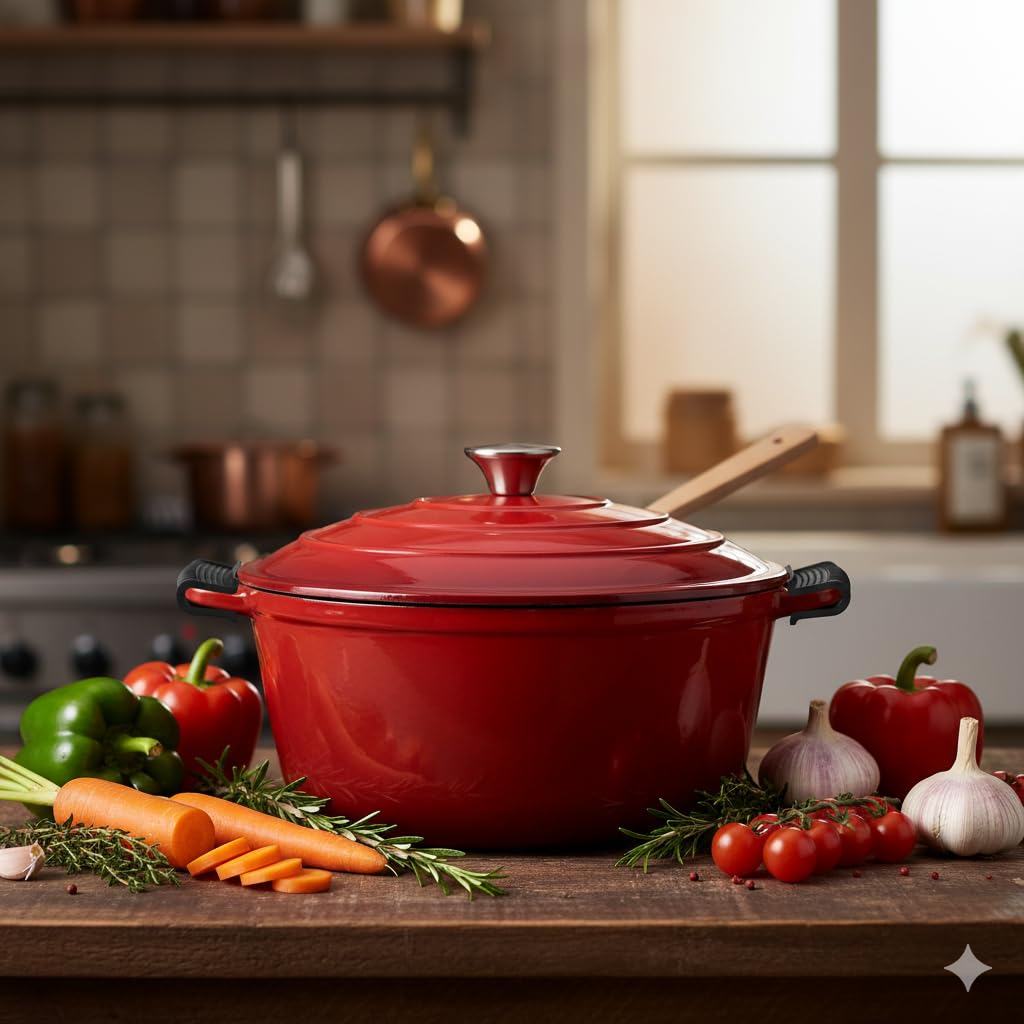 The Better Home Rustic Series Cast Iron Dutch Oven (5L) | Christmas Gifts | Enamel Coated Biryani Handi Pot Heavy Bottom | Handi With Lid For Cooking | Rust Proof Iron Pot | Gas & Induction Cookware (Red)
