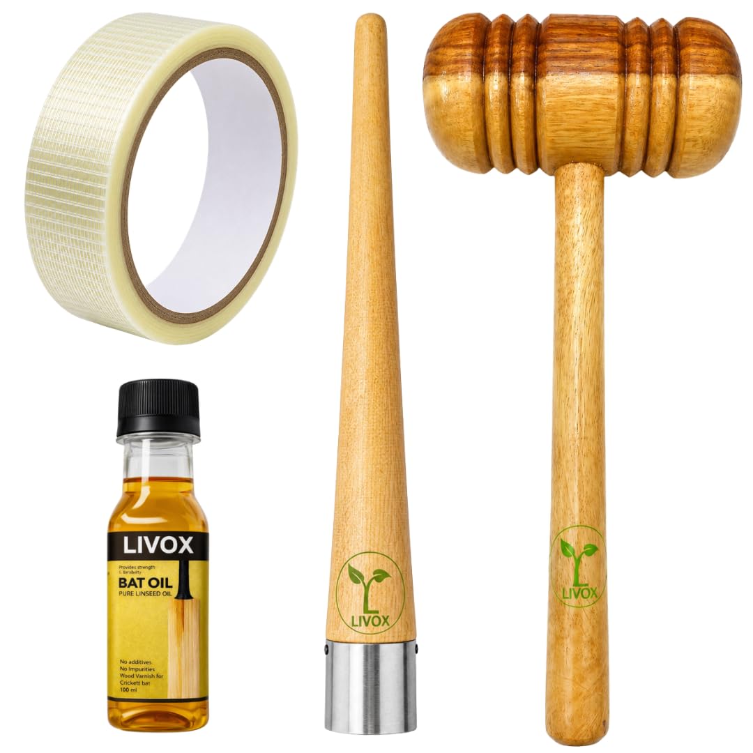 LIVOX® Cricket Bat Knocking Kit with Mallet, Bat Roller, Pure Linseed Bat Oil, and Fibre Tape