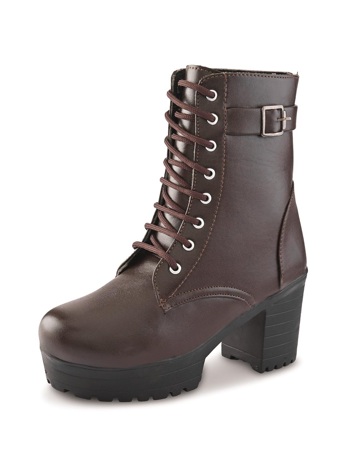 XE Looks 100% Vegan Leather Women’s Lace-Up Chunky Heel Ankle Boots with Buckle Detail | Trendy, Lightweight, Stylish, Comfortable and Soft, Trendy Heel Boots for Girls & Women