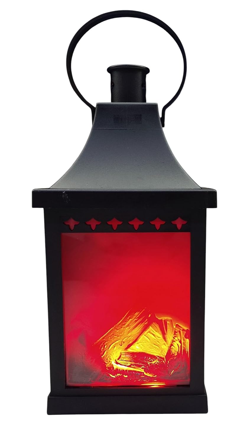 Portable 25CM Artificial Fireplace LED Lamp with Realistic Flame Effect Hanging Lantern for Living Room, Bedroom, Indoor Decoration Electric Faux Fire Place Battery Operated Black