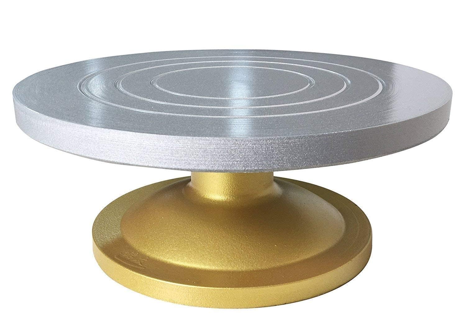 Kitchenwell Heavy Cake Decorating and Icing Turntable/Serving Stand – 360° Smooth Rotating Cake Stand – Silver Top & Golden Bottom – 12 Inch (30 cm) Diameter Fiber Cake Turntable (Silver, Gold)