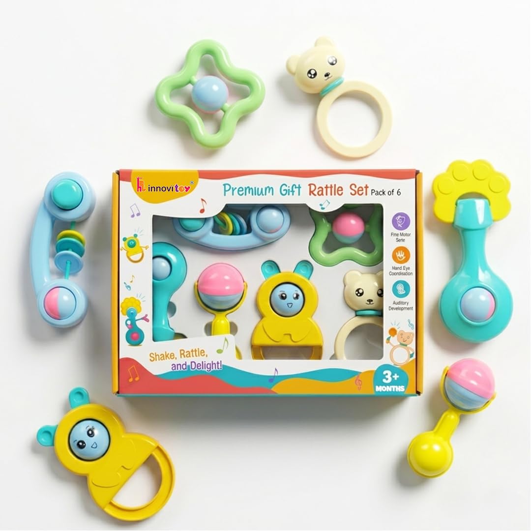 6 Pcs Premium Baby Rattle Gift Set & Teether Set | Safe, Non-Toxic Toys for Newborns 3+Months | Colorful Soft Sound Rattles | Ideal for Baby Gift