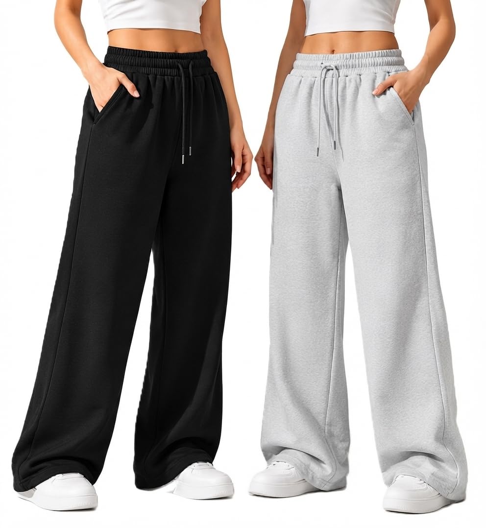Stylbase Relaxed Women Palazzo Pants | Loose Wide Leg Woman Track Pants | High-Waist Palazzo Trousers with Elastic Drawstring (Pack of 2)