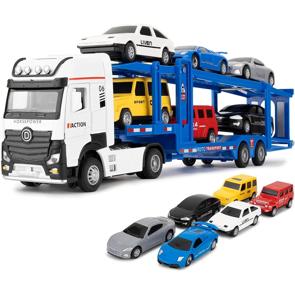 DEUSON ECOM Car Truck Toy 7-in-1 with Sounds Lights Pull Back Transporter Trailer Toy for Kids Boys