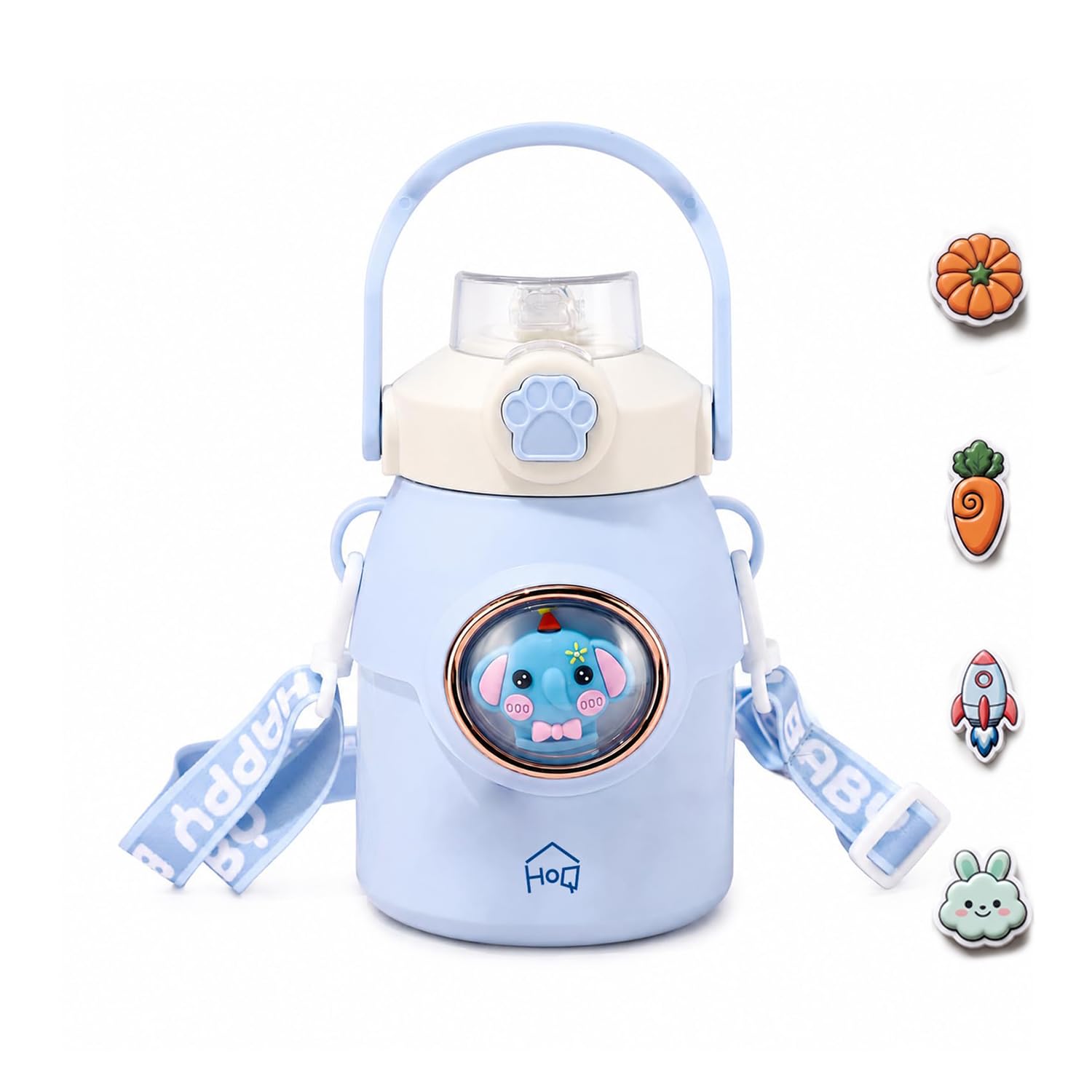 House of Quirk Buddy Bottle 316 Stainless Steel Kids Water Bottle Hot & Cold with 3D Sticker, Leakproof, Insulated, Handle & Straw, 650ml (Blue)