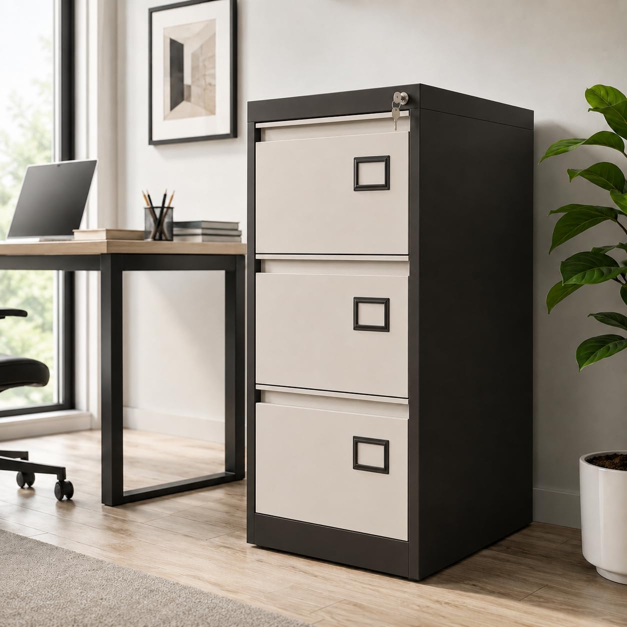 Shubham Furnitures 3 Drawer Powder Coated Steel Filing Cabinet for Office & Home | Lockable Legal & Letter Size File Storage Organizer | Heavy Duty Metal Document Cabinet Brown