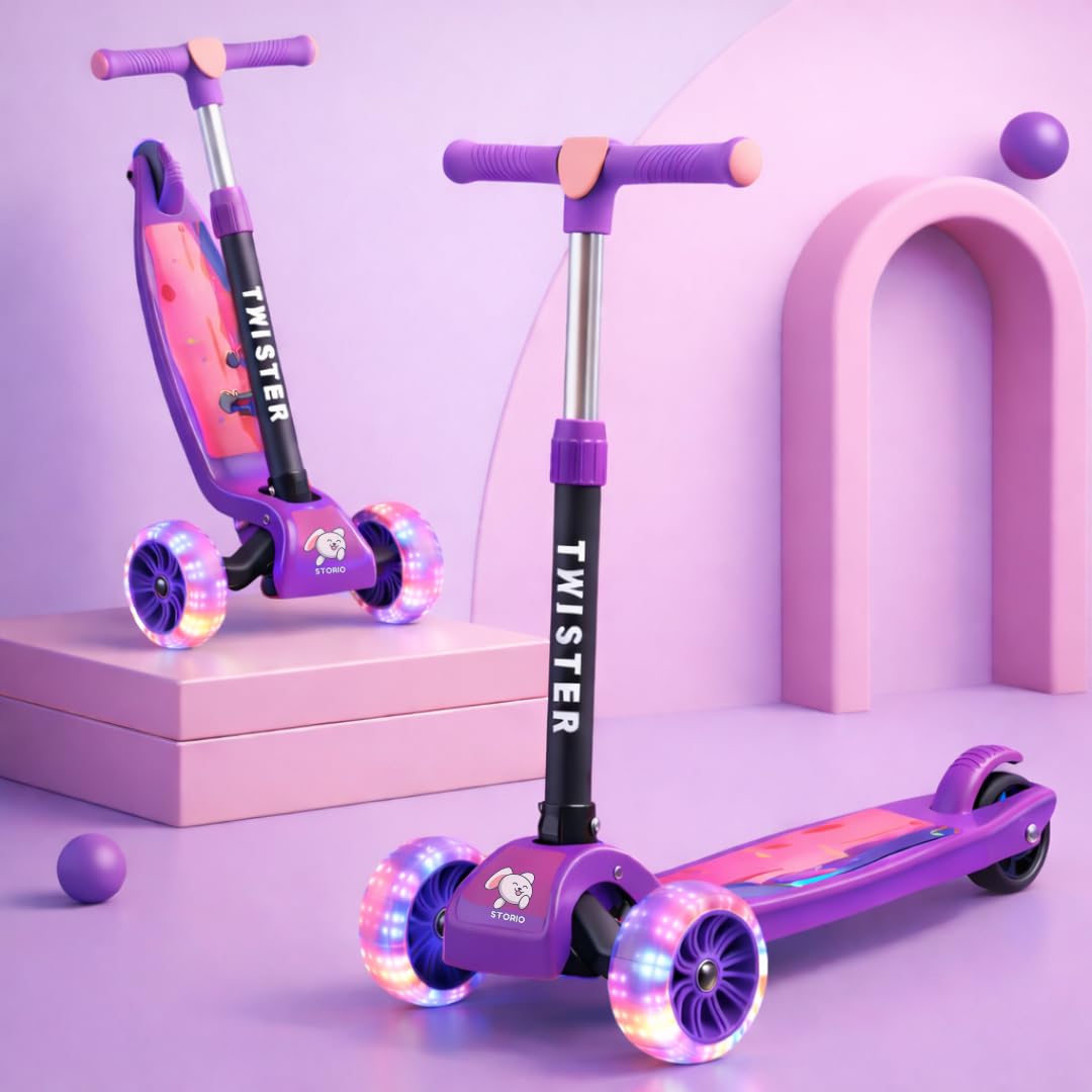 Storio Twister Kick Scooter with Adjustable Height | Foldable | Skate for Kids with PVC Wheel | Age 2-12 Years – Max User Weight 60 kg, Purple