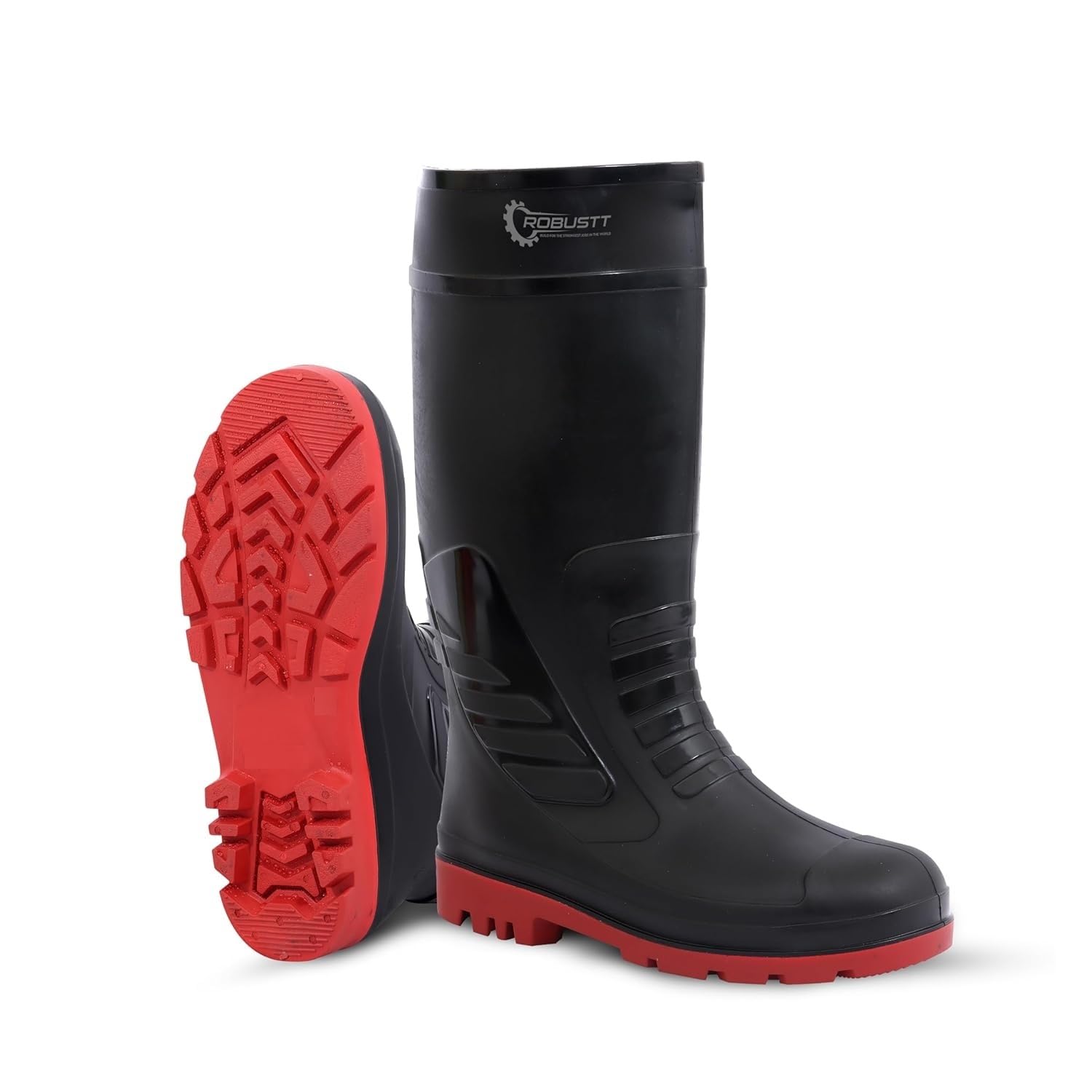 Robustt Steel Toe Lightweight Gum Boots | Standard Steel Safety Shoes | Anti Slip, Waterpoof | Breathable Printed Leather Shoes | Puncture and Tear Resistant | For Industrial Use (Red)