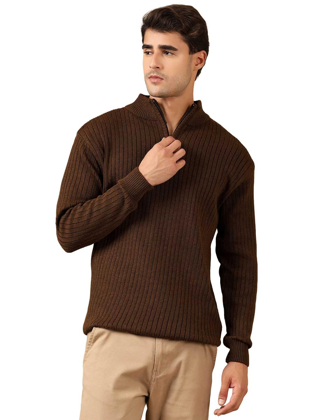 Kvetoo Men High Neck Zipper Full Sleeve Woolen Winter Sweater