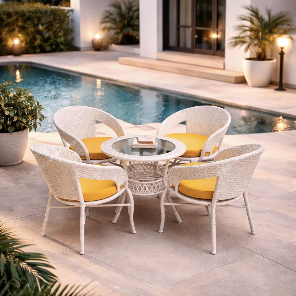 Lotey Outdoor D-12 Chairs Table Set 4+1 Wicker Patio Furniture Sets 4 Chair and 1 Table with Cushions for Garden Balcony Bedroom Powder Coated Frame Uv Protected Wicker (Cream +Yellow)